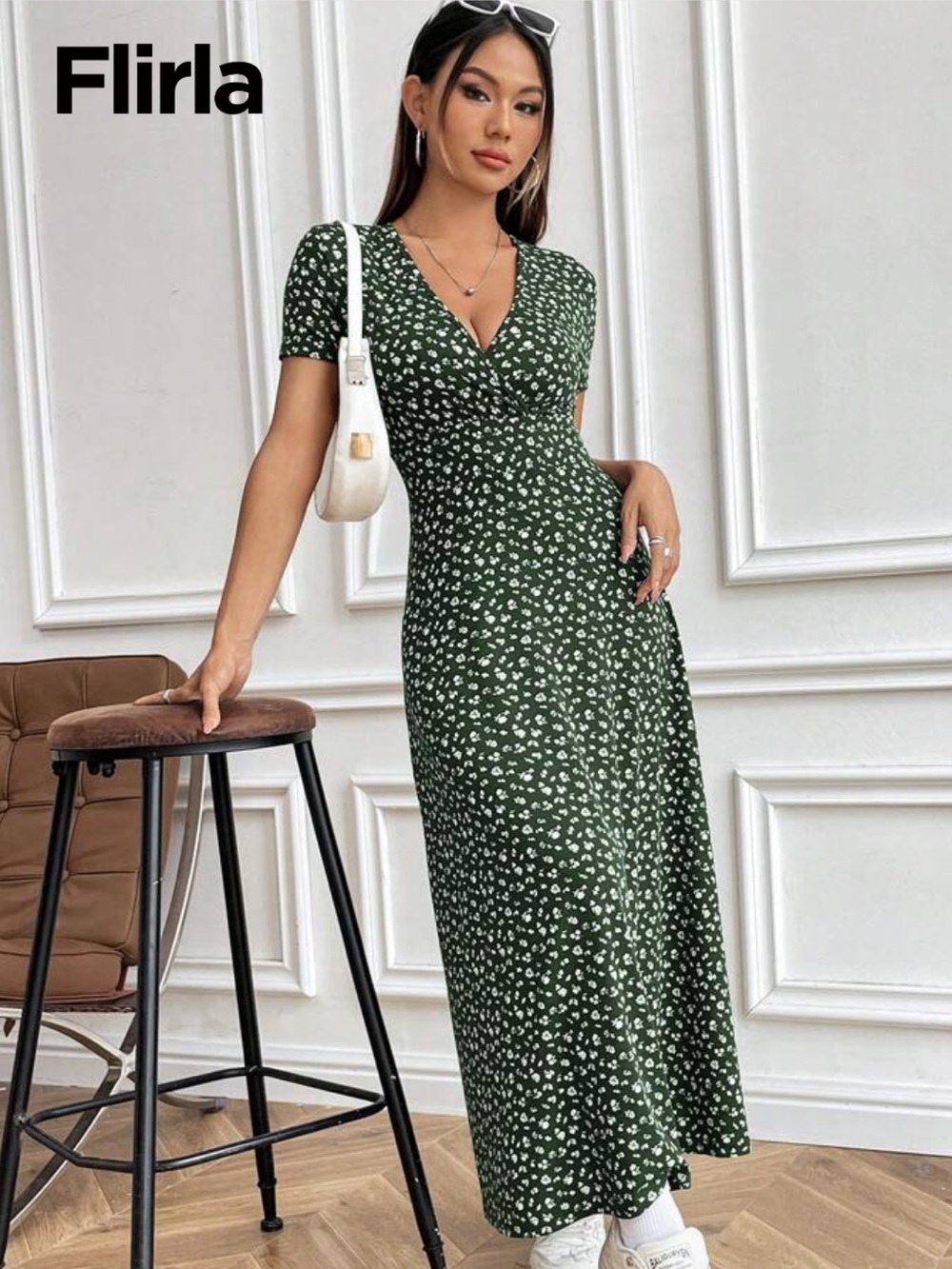 Floral V-Neck Midi Dress in Dark Green